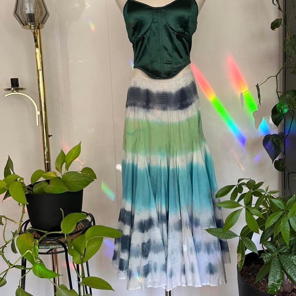 Soft Surroundings Tie Dye Cotton Maxi Skirt Green Blue XS 26687